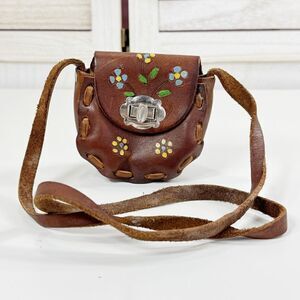 Vintage Mexican Hand Painted Tooled‎ Leather Mini Bag Purse Brown